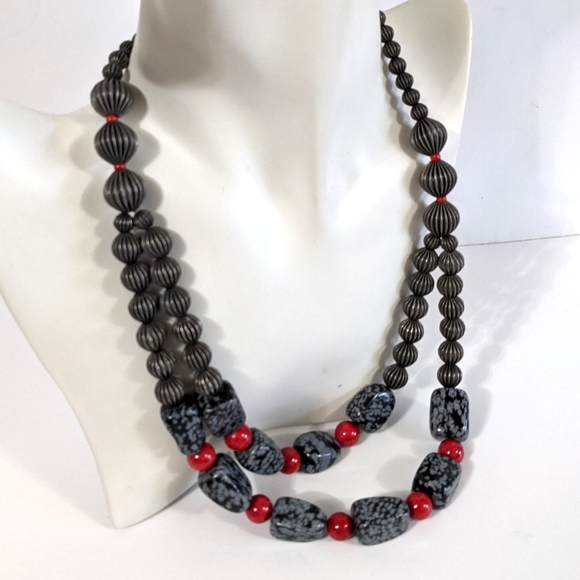 Handmade Gemstone Necklace Double Strand Black Red Grey Semiprecious Obsidian - Picture 2 of 6